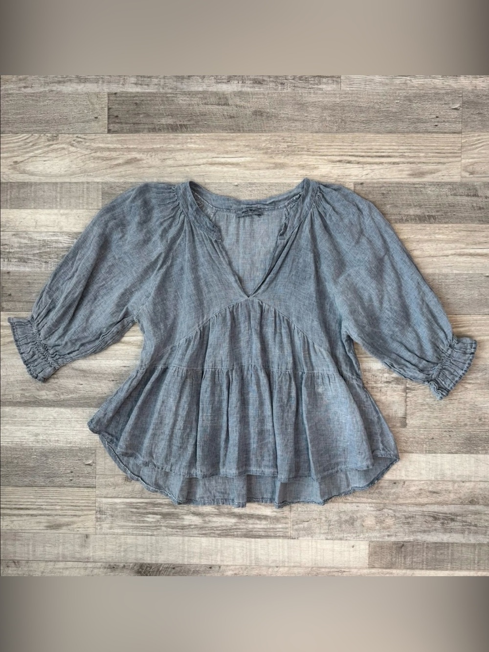 Meo Meli Blue Linen 3/4 Sleeve V-Neck Babydoll Top Fits Like Medium P3